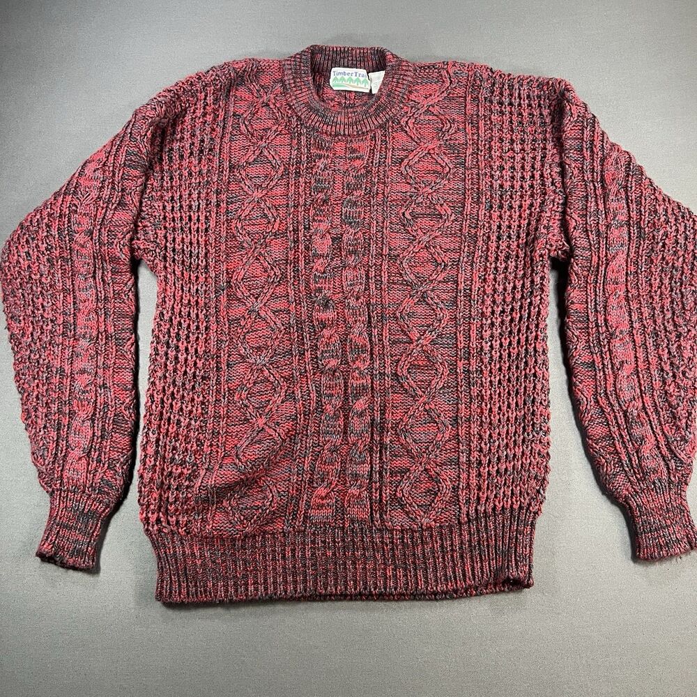 Classic Timber Trail Cable Knit Sweater Mens MED Red Black Crewneck Acrylic